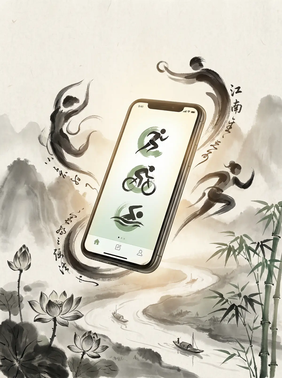 江南体育APP界面展示，手机屏幕内展示水墨风格的体育资讯应用