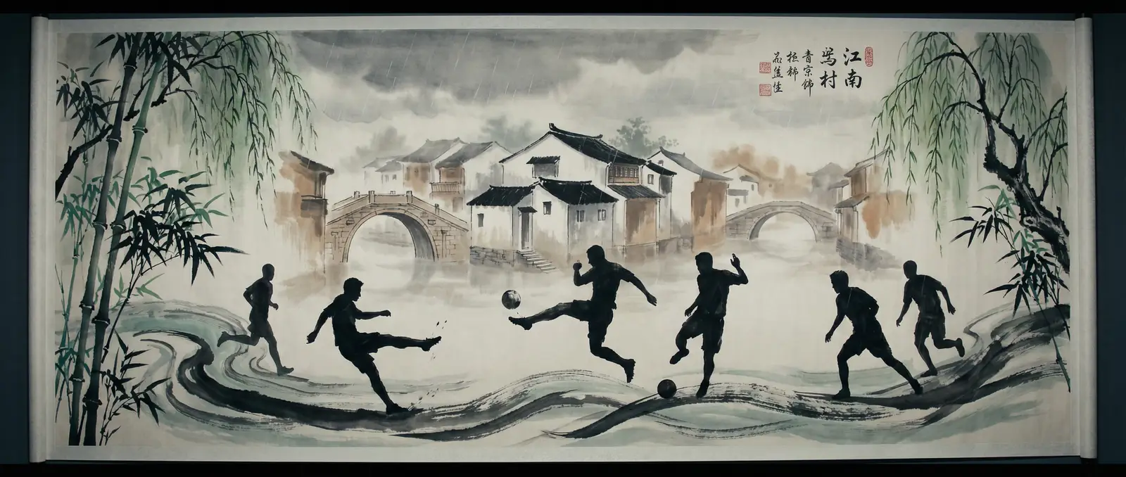 江南水墨风格体育赛事海报，水乡建筑与足球运动员剪影融为一体